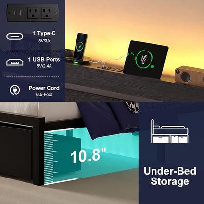Full Bed Frame with Drawers, Platform Bed with LED Lights & Charging Station, Wood Headboard, Strong Metal Slats Support, No Box Spring Needed, Noise Free, Easy Assembly