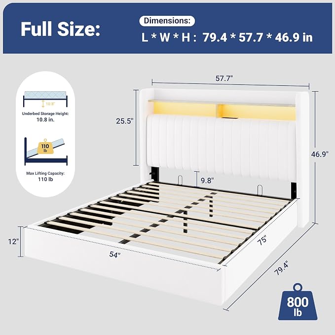 Allewie Full Size Lift Up Hydraulic Storage Bed Frame, 2-Tier Shelf Headboard with LED Lights and Charging Station, USB and Type C Ports, Wingback Velvet Headboard, No Box Spring Needed, White