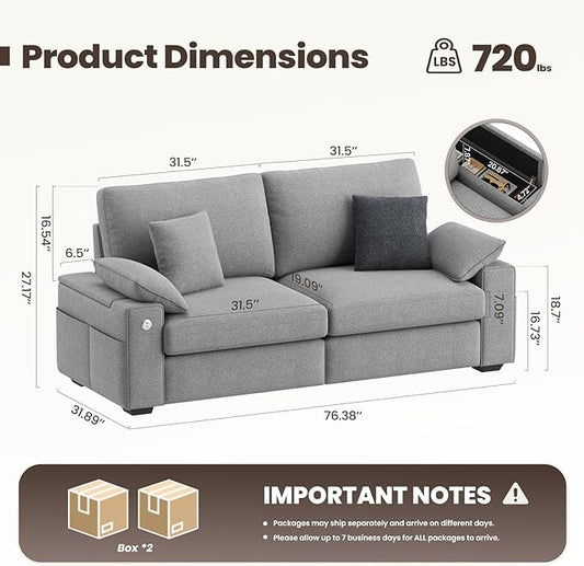 MALOL 76" Loveseat Couch, 3 Seater Upholstered Midcentury Mondern Love Seat with USB Type C Ports, 4 Pillows and Storage Armrest Cloud Foam Sofa for Living Room/Small Spaces, Grey | Breathable material