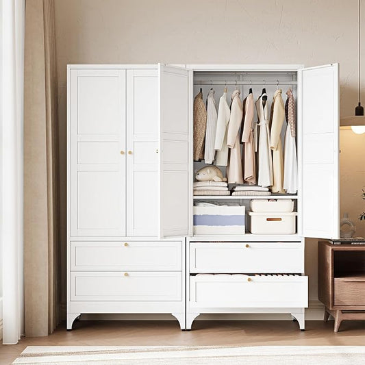 Letaya 71" Metal Wardrobe Cabinets with 2 Drawers,Steel Armoire Wardrobe Closet with Doors and Shelves,Clothing Storage Cabinets with Hanging Rod for Bedroom, Gym, Cloak Room,White