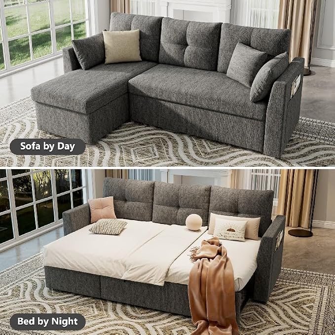 Huatean Home Sleeper Sofa Couch, 2 in 1 Sectional Sleeper Couch Bed with Side Pocket, Pullout Sofa Bed with Storage Chaise for Living Room, Dark Grey