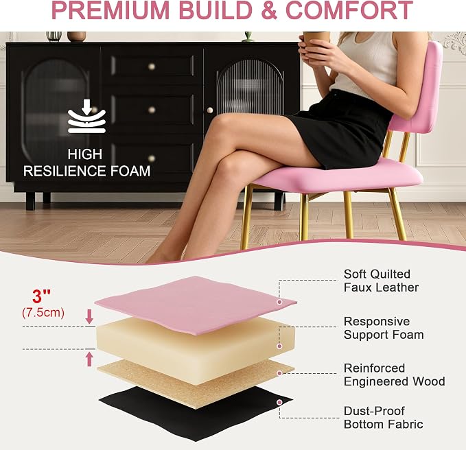 VECELO Dining Chairs Set of 2, Modern Upholstered Kitchen Chairs with Faux Leather Cushion Seat & Metal Legs for Kitchen, Living Room, Tufted Backrest Design, Pink