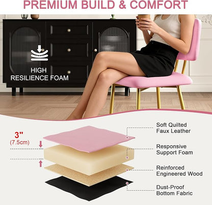VECELO Dining Chairs Set of 2, Modern Upholstered Kitchen Chairs with Faux Leather Cushion Seat & Metal Legs for Kitchen, Living Room, Tufted Backrest Design, Pink