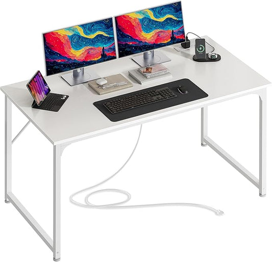 PRAISUN 47 X 24 Inch Deeper Desk with Power Outlets | Computer Desk for Bedroom, Office Desk for Work from Home, Writing Study Gaming Table, Stable Metal Frame, White