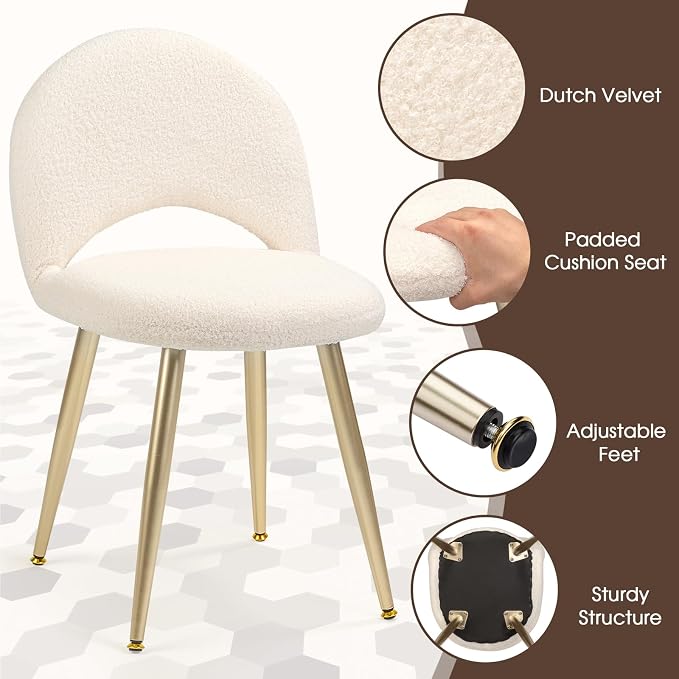 Vanity Chair with Adjustable Backrest Boucle Upholstery Amless Makeup Stool, White Sherpa Vanity Stool with Gold Metal Legs forBedroom Living Room Kitchen Dinning Room (Off White)
