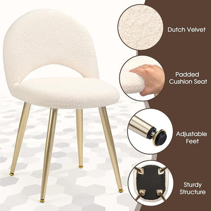 Vanity Chair with Adjustable Backrest Boucle Upholstery Amless Makeup Stool, White Sherpa Vanity Stool with Gold Metal Legs forBedroom Living Room Kitchen Dinning Room (Off White)