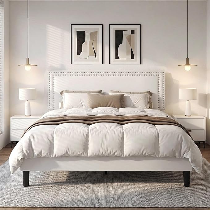 VECELO Full Size Platform Bed Frame with Height Adjustable Upholstered Headboard, Modern Mattress Foundation,Strong Wood Slat Support, No Box Spring Needed, Easy Assembly,White
