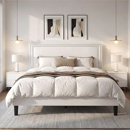 VECELO Full Size Platform Bed Frame with Height Adjustable Upholstered Headboard, Modern Mattress Foundation,Strong Wood Slat Support, No Box Spring Needed, Easy Assembly,White