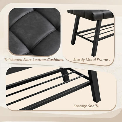 LUE BONA 45" Entryway Bench with Storage Shelf, End of Bed Bench with Tufted Faux Leather Seat, Bedroom Bench with Metal Frame, 330 LBS Capacity for Entryway, Living Room, Hallway, Black