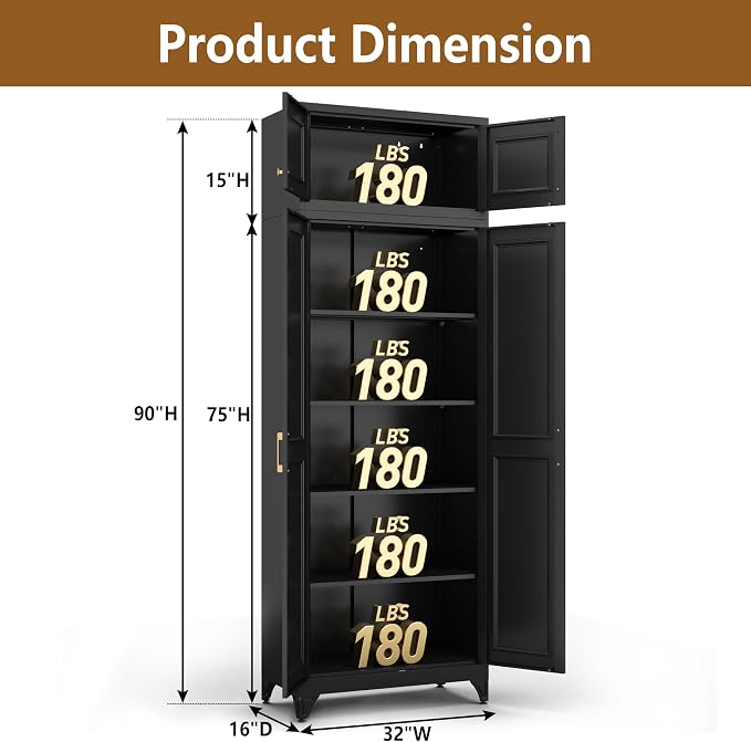 Polup Kitchen Pantry Cabinet, Metal Food Pantry cabinets with Doors and Shelves, 90" Tall Storage Cabinet for Dining, Living Room, Black, 16" D x 32" W x 90" H, Assembly Required