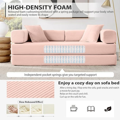 HANXIN Convertible Sleeper Sofa Bed, 78 Inch Folding Floor Mattress Couch with Fixed-Shape Frame, Futon Boneless Couch Lounge Loveseat with Pull Out Bed, No Assembly Required, Pink