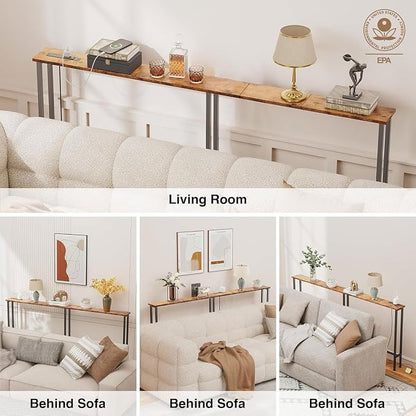 Keelian 78" Narrow Console Sofa Table with Power Outlets & 2 USB Ports, Metal Frame, Rustic Brown, Perfect for Hallway, Office, and Behind Sofa - Easy Assembly, 4.9' Extension Cord Included