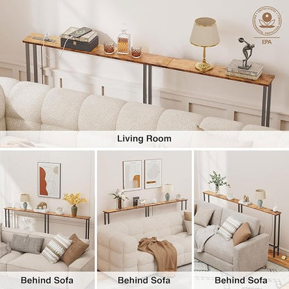 Keelian 63" Sofa Table Narrow Long - Power Outlets & 2 USB Ports, Metal Frame,Behind Couch Table Behind Sofa for Living Room, Hallway, Entrance- Easy Assembly, 4.9' Extension Cord Included.