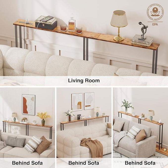 Keelian 70" Narrow Console Sofa Table - Power Outlets & 2 USB Ports, Metal Frame, Rustic Brown, Perfect for Hallway, Office, and Behind Sofa - Easy Assembly, 4.9' Extension Cord Included