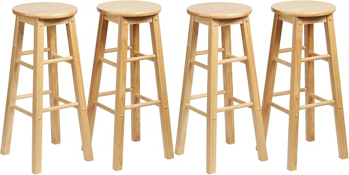 PJ Wood Classic Round Seat 29" Tall Kitchen Counter Stools for Homes, Dining Spaces, and Bars with Backless Seats & 4 Square Legs, Natural (Set of 4)