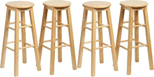 PJ Wood Classic Round Seat 29" Tall Kitchen Counter Stools for Homes, Dining Spaces, and Bars with Backless Seats & 4 Square Legs, Natural (Set of 4)