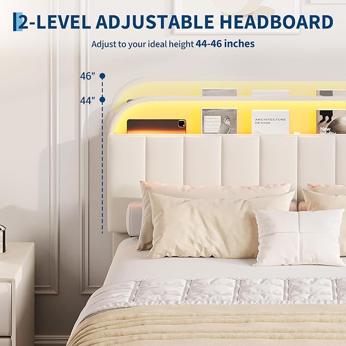 GarveeHome Twin XL Bed Frame with Storage Headboard, Kids Bed Frame with 2 Drawers, Velvet Upholstered Platform Bed Frame with Lights, No Box Spring Needed, Easy Assembly, Velvet White
