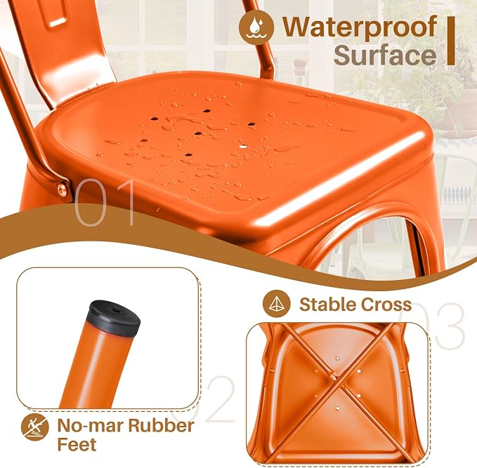 Furmax Metal Dining Chair Indoor Outdoor Use Stackable Classic Trattoria Chair Chic Dining Bistro Cafe Side Metal Chairs Set of 4 (Orange)