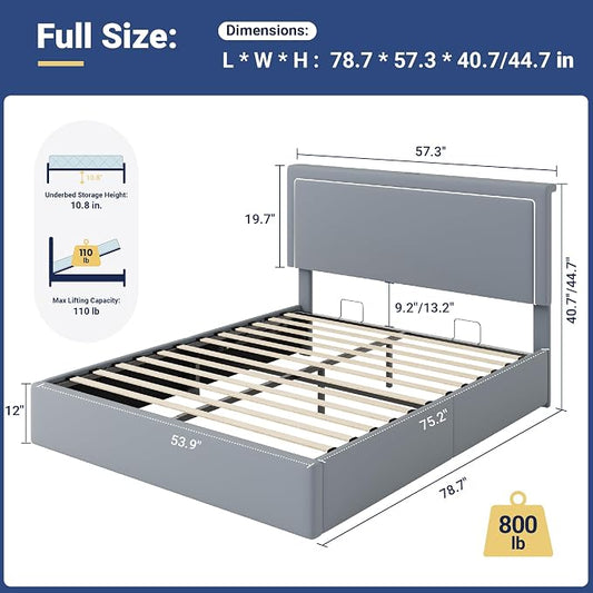 Allewie Full Size Lift Up Storage Bed Frame with Charging Station & LED Lights, Adjustable Velvet Upholstered Storage Headboard, Type-C & USB Ports, Hydraulic Support, No Box Spring Needed, Grey