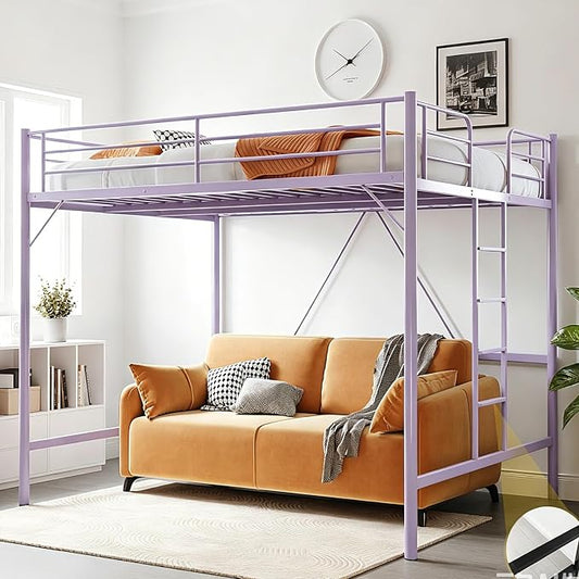 VINGLI Queen Loft Bed with Flat Rungs for Adults, Kids and Young Teens, No Box Spring Required,Heavy Duty Metal Slat Support, Purple