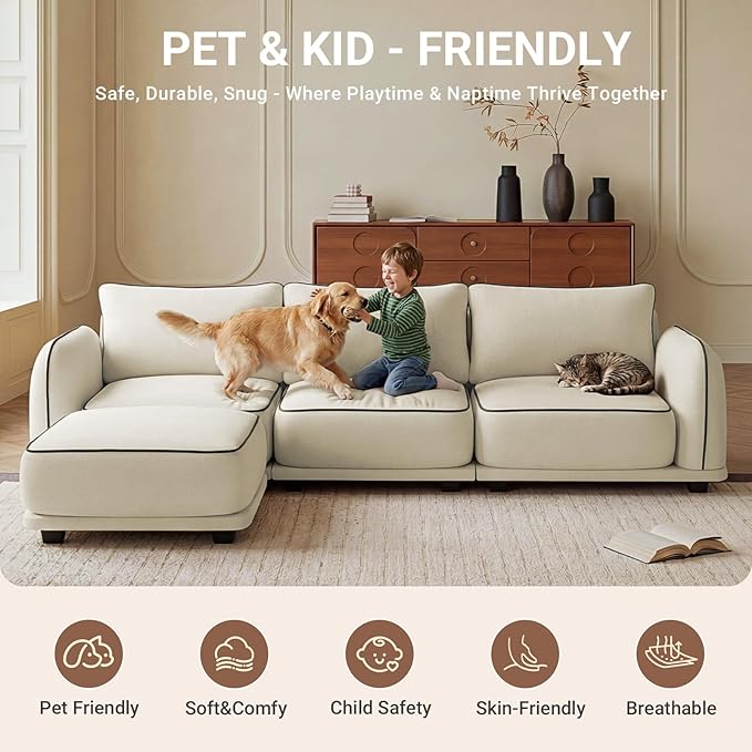 104 Inch L Shaped Modular Sectional Sofa, 4 Seater Modern Cloud Chenille Comfy Couch with Movable Ottoman & 3 Back Pillows, Oversized Comfy L Shape Couch for Living Room, Bedroom, Apartment, Beige