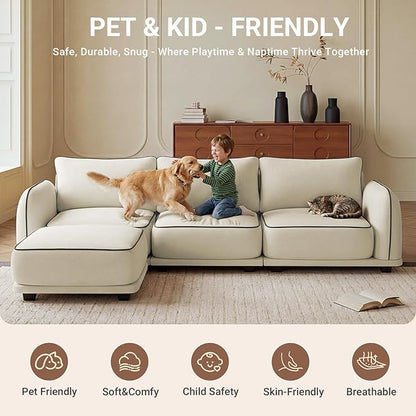104 Inch L Shaped Modular Sectional Sofa, 4 Seater Modern Cloud Chenille Comfy Couch with Movable Ottoman & 3 Back Pillows, Oversized Comfy L Shape Couch for Living Room, Bedroom, Apartment, Beige