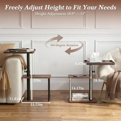 Faesun C Table End Table Adjustable Height, 360°Swivel TV Tray Table for Small Spaces, Small Nightstand for Living Room, Bedroom, Walunt