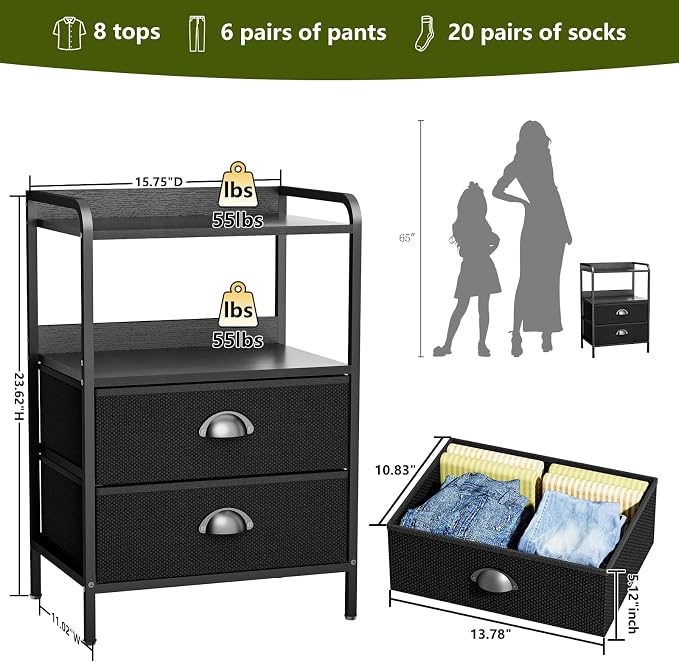 Night Stand, End Table with 2 Drawers Nightstand for Bedroom, Small Fabric Dresser Organizer, Bedisde Table Side Table with Open Storage Shelf, Black