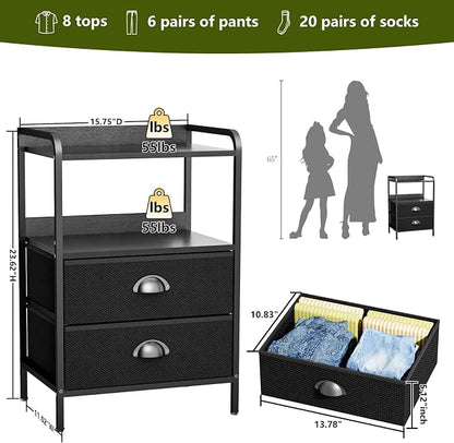 Night Stand Set 2, Nightstand with 2 Fabric Drawer, End Table with Open Shelf, Bedside Table Side Table with Wooden Top for Bedroom, Black