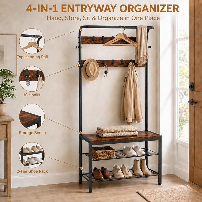 Simple Deluxe 4-in-1 Entryway Coat Rack, Hall Tree with Bench and Shoe Storage, Mudroom Bench with Storage and 10 Hooks Hall Tree Organizer for Entryway, Bedroom, Brown