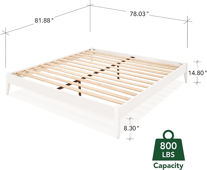 Bme Dinkee Signature Ivory White King Bed Frame Without Headboard - Modern & Minimalist Style with Acacia Wood - 12 Strong Wood Slat Support - Easy Assembly - No Box Spring Needed