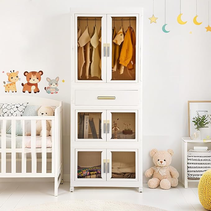 YHB Portable Storage Closet Cabinet, Easy Assembly Wardrobe Organizer with Visualization Doors, Drawers, Hanging Rods, Rolling Wheels for Pet Dog Clothes, Toys