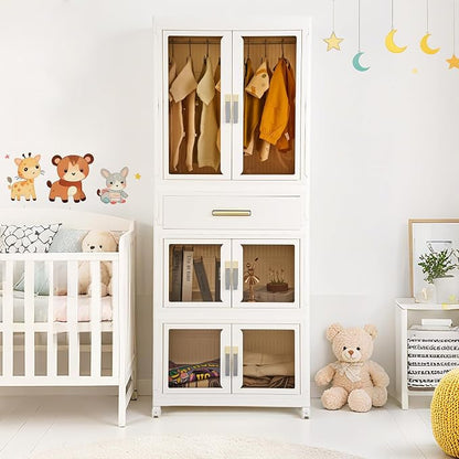 YHB Portable Storage Closet Cabinet, Easy Assembly Wardrobe Organizer with Visualization Doors, Drawers, Hanging Rods, Rolling Wheels for Pet Dog Clothes, Toys