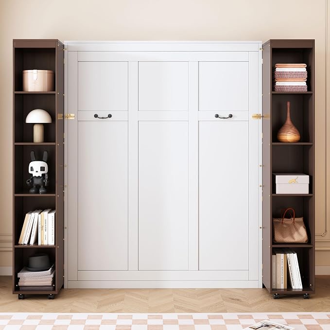 Queen Murphy Bed with Storage Doors, Space Saving Wall Bed Cabinet Hydraulic Lift Helps Raise and Lower the Bed, While Hidden Side Storage Keeps Bedding and Daily Essentials Organized