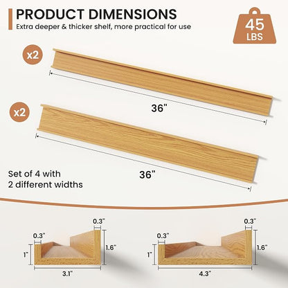 Fun Memories Picture Ledge Shelves Set of 4, 36 Inch Rustic Wall Mounted Floating Shelves with Lip for Home Storage and Décor in Bathroom, Kitchen, Nursery, Bedroom, Living Room, Oak