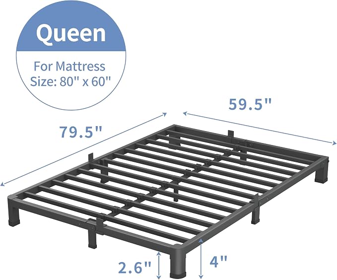 VIPSHOW 4 Inch Queen Bed Frame, 3500Lbs Heavy Duty Metal Platform with Round Corner Legs Mattress Slide Stopper, Steel Slat Support No Box Spring Needed, Noise Free, Non-Slip, Easy Assembly