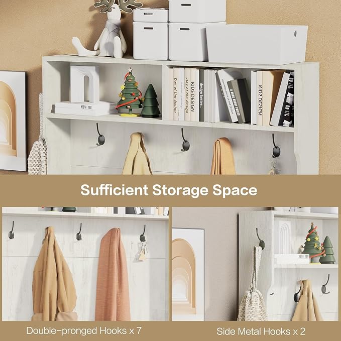 71" Hall Tree with Bench and Shoe Storage, Entryway Hall Tree with 2 Doors and 6 Adjustable Shelves, Cushioned Storage Bench with Coat Rack for Hallway, Living Room, Mudroom