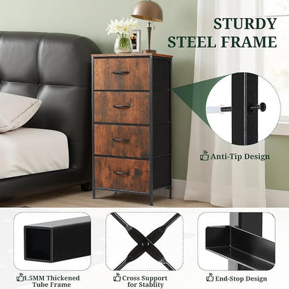4 Drawers Dresser for Bedroom, Fabric Storage Tower Organizer with Wooden Top and Steel Frame, Tall Chest of Drawers for Closet, Entryway, Dorm, Brown