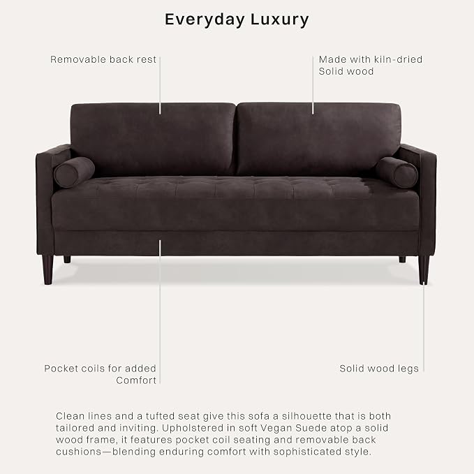 Studio Living® Lexington 75.6" Sofa, Modern Design, Pocket Coil Comfort, Easy Assembly, Faux-Suede Fabric, Charcoal