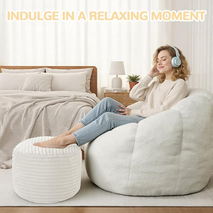 MeMoreCool Stuffed Round Pouf Ottoman Foot Rest, Soft Plush Floor Pouf Foot Stool, Corduray Footstool Footrest, Small Round Ottoman for Living Room Couch Sofa Chair, 20x15 Inch Beige