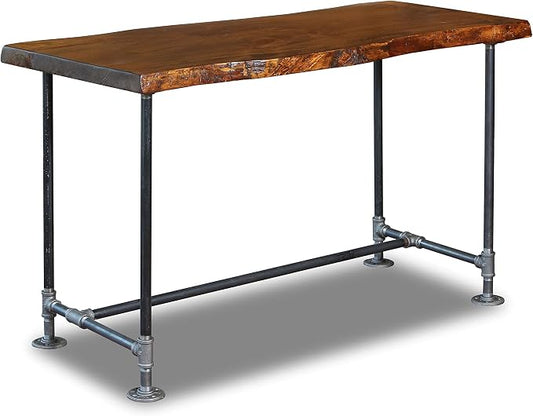 Industrial Pipe Desk Live Edge Top Vintage Table (Honey Pine) — Rustic Live Edge Slab Desk with Steampunk Pipe Legs