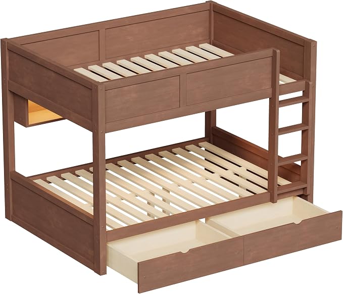 Merax Full XL Over Full XL Wood Bunk Bed Frame with Ladder,Storage Shelves & Drawers for Teens, Modern Low Bunk Bed with Solid Slats, Guardrail, No Box Spring Required, Easy Assembly, Brown