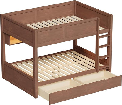 Merax Full XL Over Full XL Wood Bunk Bed Frame with Ladder,Storage Shelves & Drawers for Teens, Modern Low Bunk Bed with Solid Slats, Guardrail, No Box Spring Required, Easy Assembly, Brown