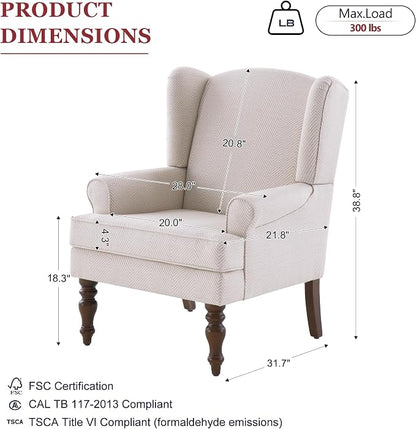 HUIMO Living Room Chair Upholstered High Back Armchair Retro Printed Wingback Chair in Linen for Bedroom & Study Comfy Accent Sofa Chair Reading Chair Holds 300lbs (2, Tan with Lines)