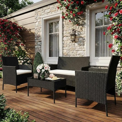 4PCS Outdoor Patio Bistro Set, PE Rattan Wicker Armchairs, Black/Beige