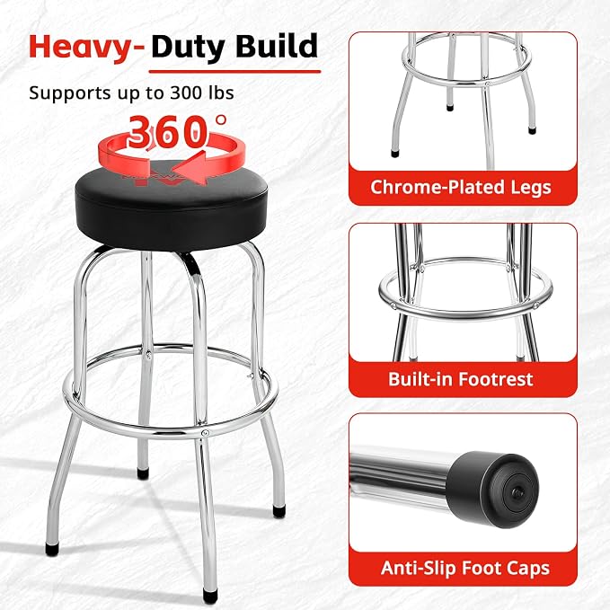 MaxWorks 51090 Swivel Bar Stool, Padded Seat with Chrome Plated Legs, Black, 300-Lb Capacity, 28-1/4" Tall, 14-1/2" Diameter Surface, Ideal for Garage, Shop, Workbench, Bar