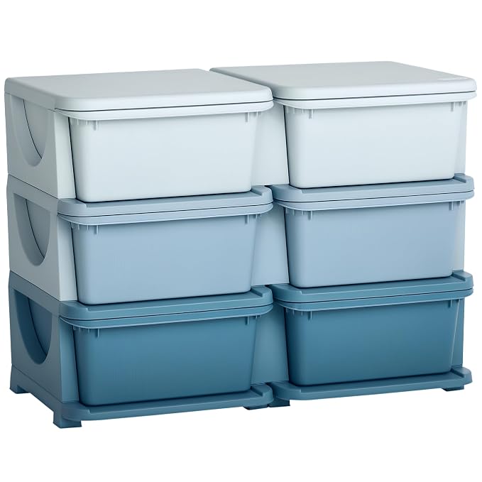 Qaba 6 Drawers Kids Storage Unit, 3 Tier Stackable Toy Organizers and Storage Chest for Bedroom, Nursery, Playroom, Living Room, Boys, Girls, Toddlers, Blue