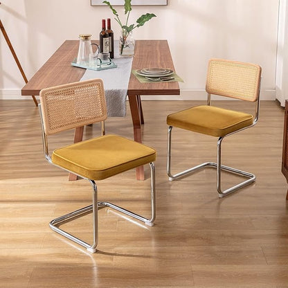Zesthouse Rattan Dining Chairs Set of 6, Mid Century Modern Dining Room Chairs with Natural Cane Mesh & Chrome Base, Yellow Velvet Cesca Chair, Farmhouse Kitchen Chair with Solid Wood Frame Back