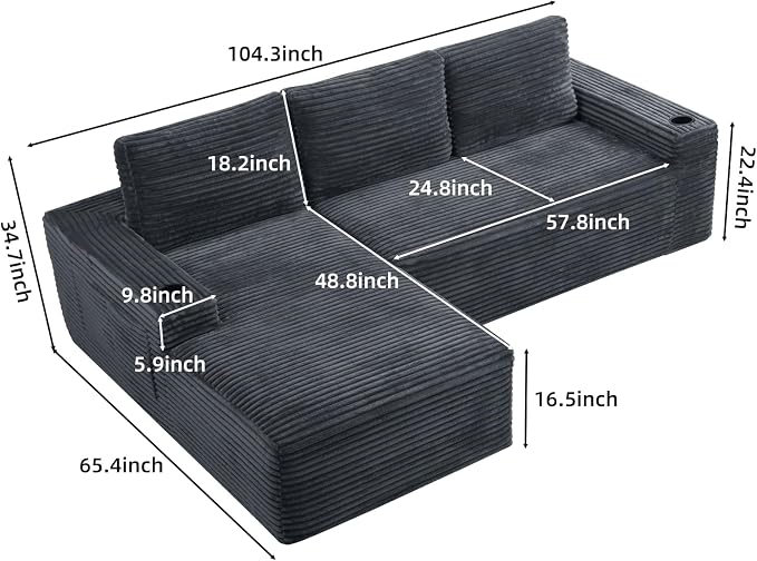 104" L Shaped Boneless Sectional Couches for Living Room, Comfy Corduroy Floor Cloud Sofa with Chaise and Cup Holder, Wide Armrest, Deep Seat, Assembly Free, Ideal for Small Spaces, Grey