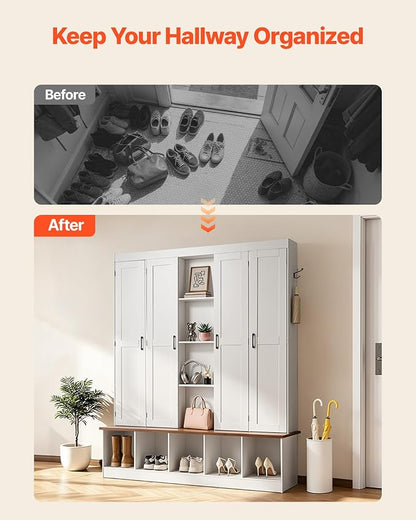 VEVOR Hall Tree with Bench and Shoe Storage, 63" Wide, 4-in-1 Entryway Hall Tree with Bench, Hanging Hooks, Storage Cabinet, and Shoe Cabinet, Wooden Furniture for Mudroom, Entryway, Hallway, White